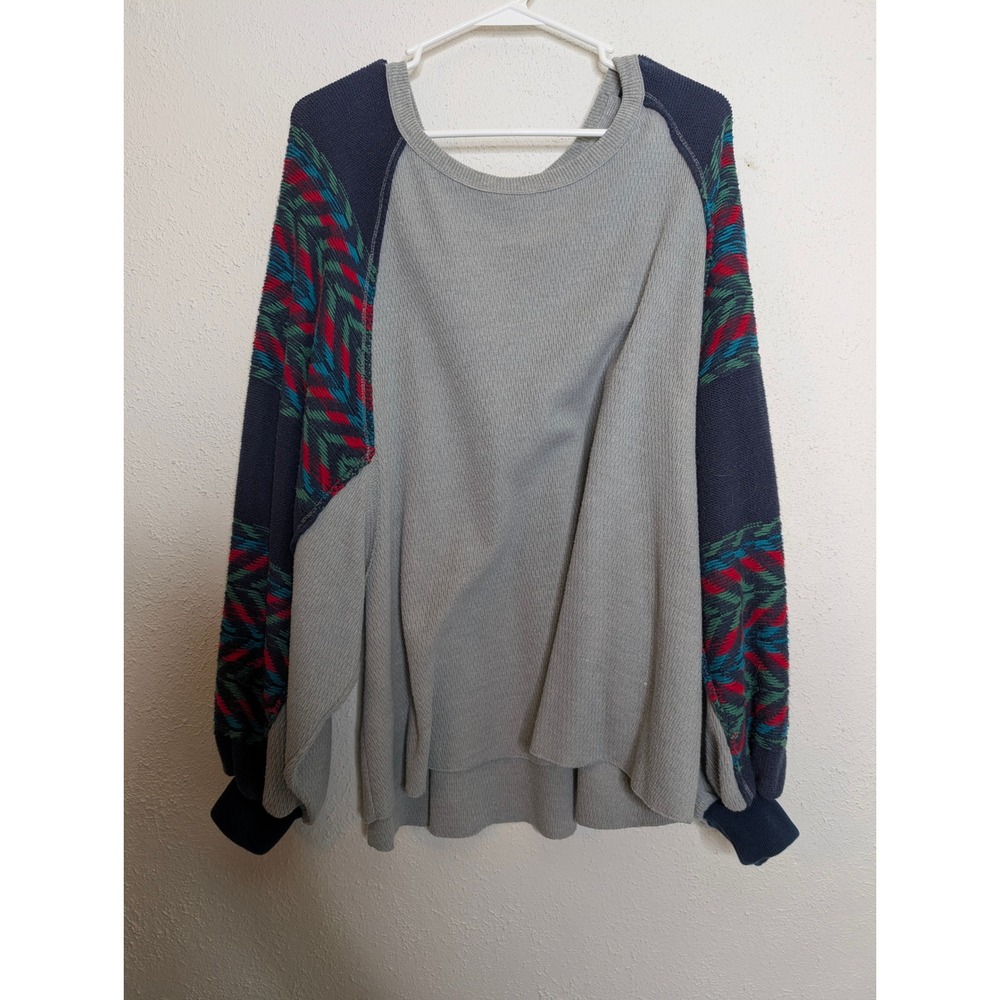 FREE PEOPLE Thermal Top Women L Rainbow Dreams‎ Batwing Sleeve Waffle Gray Blue